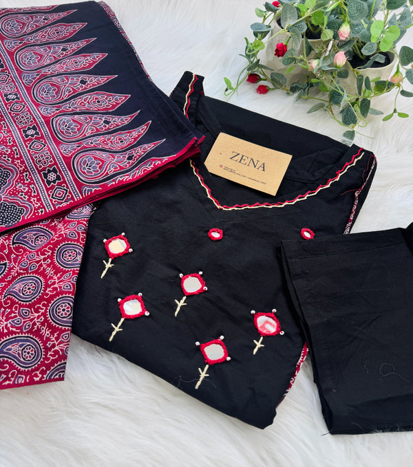 Pure Cotton Mirror Work Kurti Set – Top, Bottom & Dupatta
