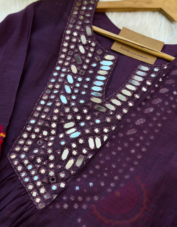 READY TO WEAR PREMIUM MUL CHANDERI MIRROR ANARKALI KURTI SET ✨