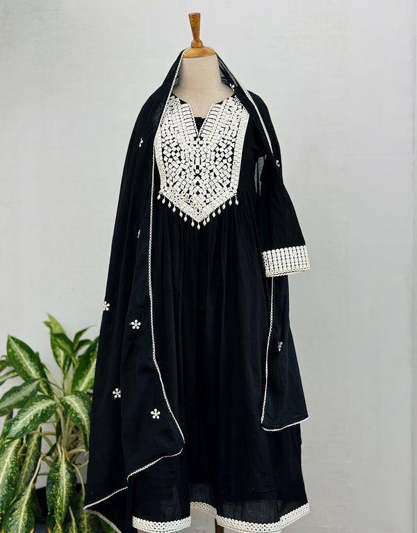 READY TO WEAR PURE MUL COTTON MIRROR WORK ANARKALI KURTI SET ✨