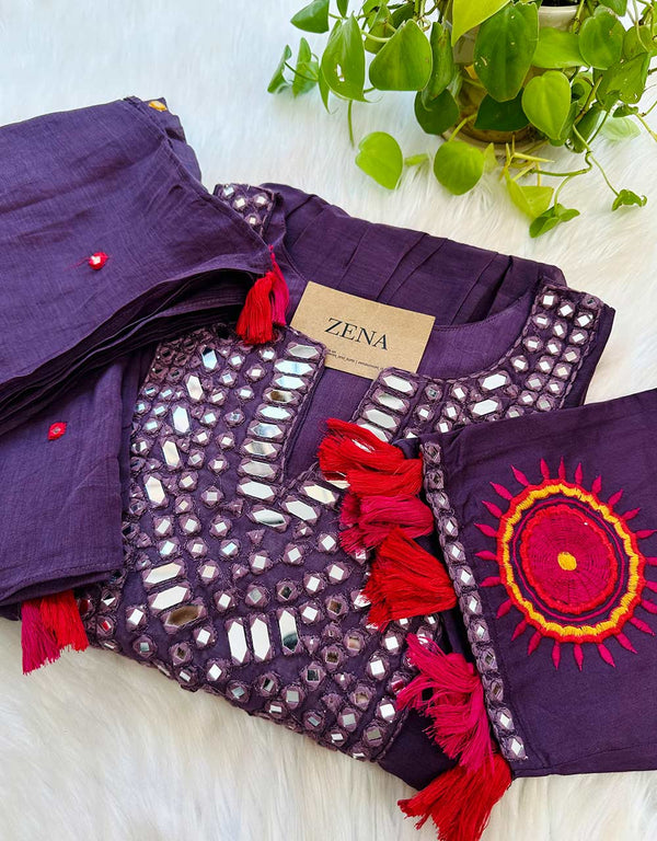 READY TO WEAR PREMIUM MUL CHANDERI MIRROR ANARKALI KURTI SET ✨