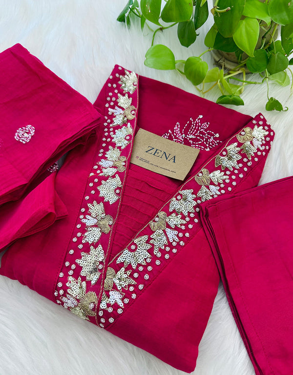 READY TO WEAR PREMIUM MUL CHANDERI HANDWORK ANARKALI KURTI SET ✨
