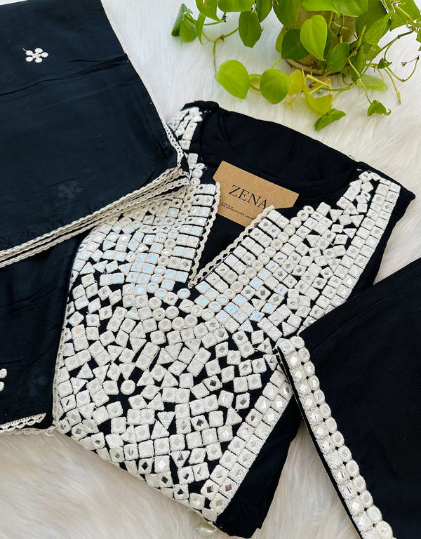 READY TO WEAR PURE MUL COTTON MIRROR WORK ANARKALI KURTI SET ✨