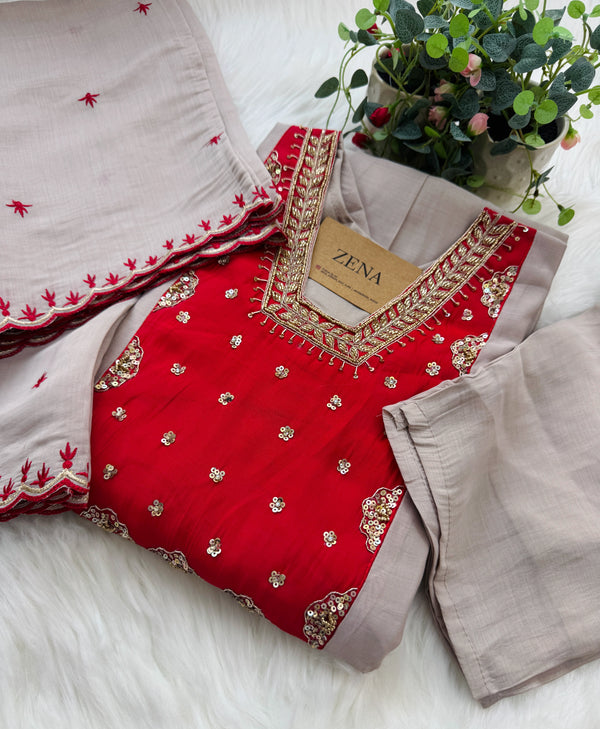 Glass chanderi hand detailed Anarkali set