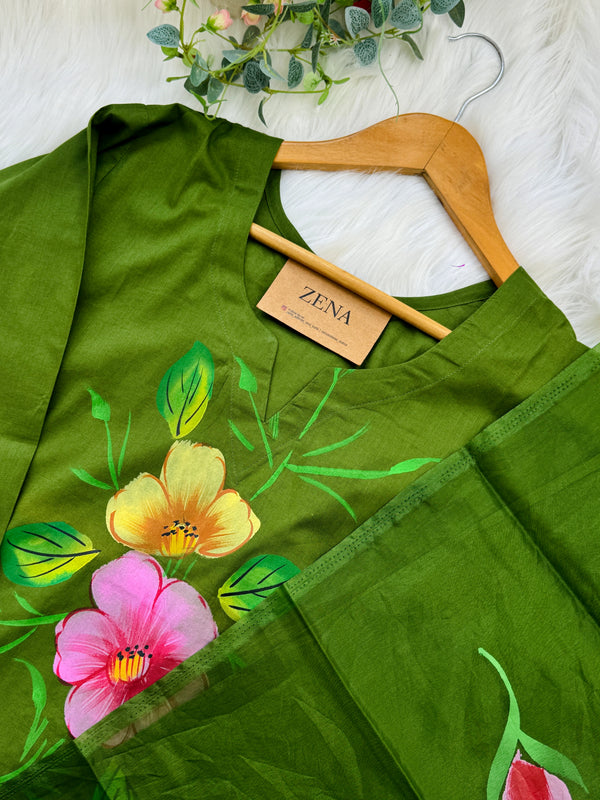 Pure Cotton Hand-Painted Slitted Kurti Set