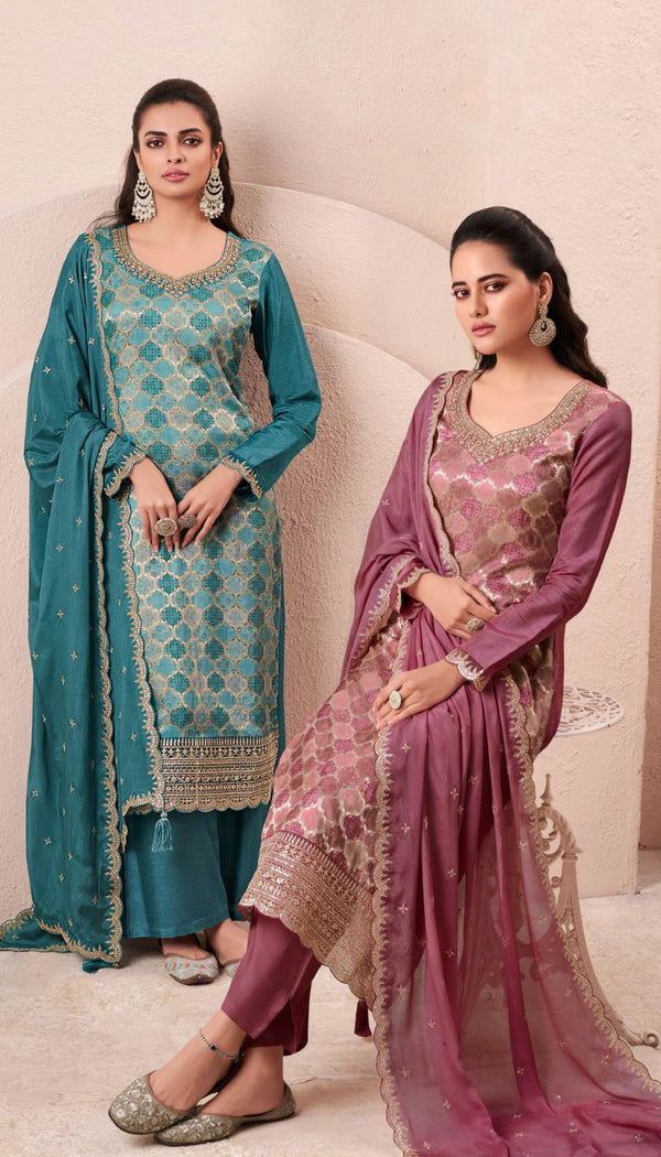 Premium Moga Silk Jacquard | Handwork Suit with Silk Georgette Dupatta