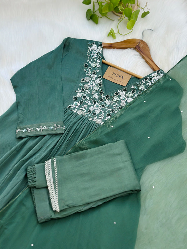 Pure Chinnon Hand Work Anarkali Kurti Set – Elegant Ready-to-Wear Ethnic Ensemble