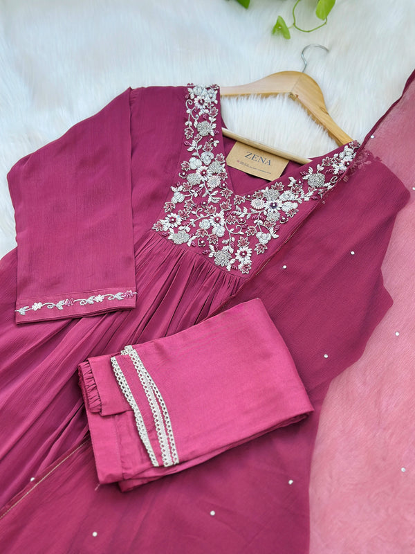 Pure Chinnon Hand Work Anarkali Kurti Set – Elegant Ready-to-Wear Ethnic Ensemble