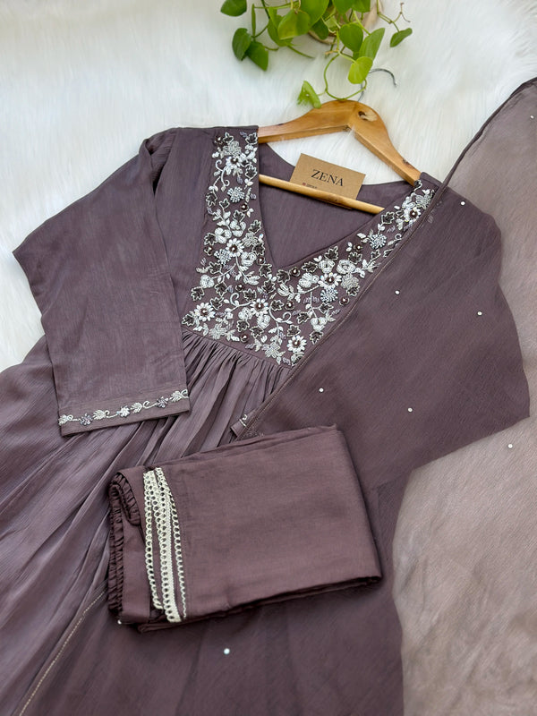 Pure Chinnon Hand Work Anarkali Kurti Set – Elegant Ready-to-Wear Ethnic Ensemble