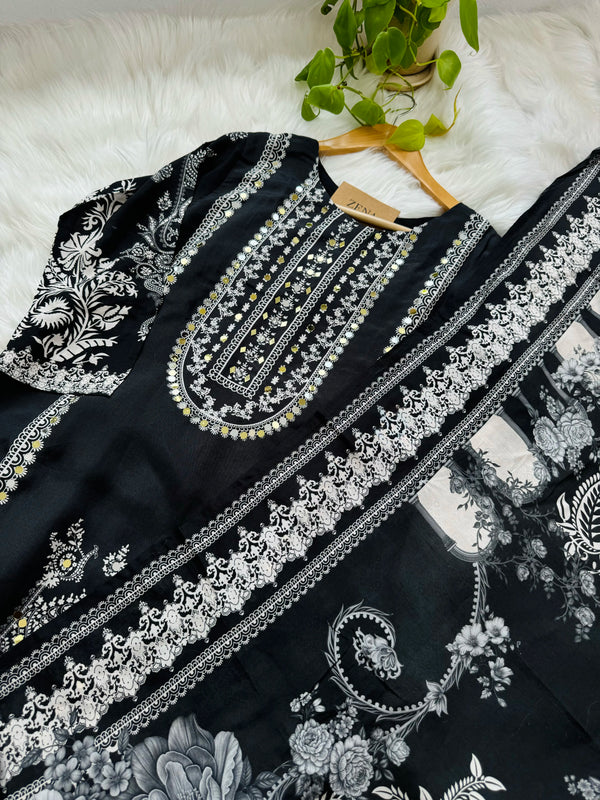 Pure Crepe Pakistani Suit with Real Mirror Work – Glamorous Unstitched Fabric Set