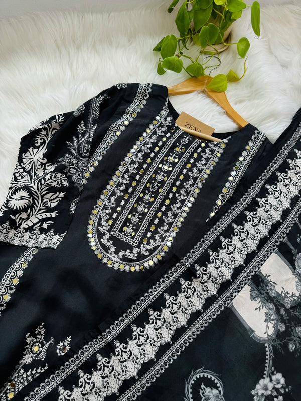Pure Crepe Pakistani Suit with Real Mirror Work – Glamorous Unstitched Fabric Set
