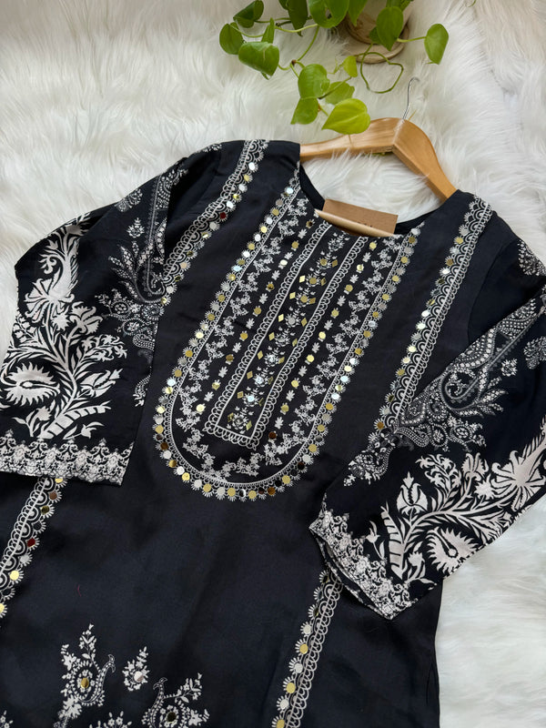 Pure Crepe Pakistani Suit with Real Mirror Work – Glamorous Unstitched Fabric Set