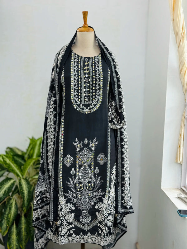 Pure Crepe Pakistani Suit with Real Mirror Work – Glamorous Unstitched Fabric Set
