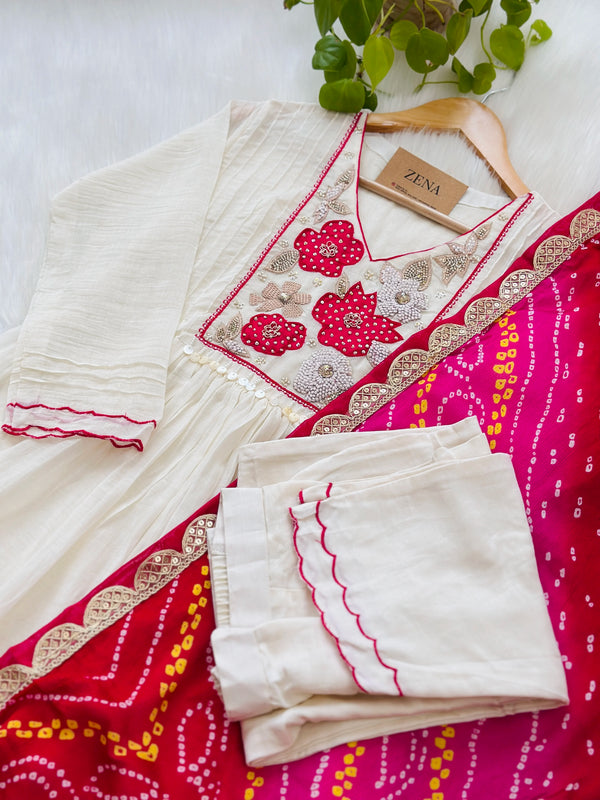 Premium Mul Chanderi Handwork Kurti Set with Bandhani Dupatta