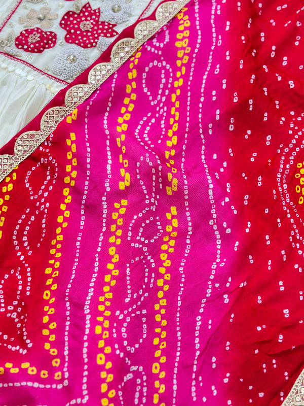 Premium Mul Chanderi Handwork Kurti Set with Bandhani Dupatta