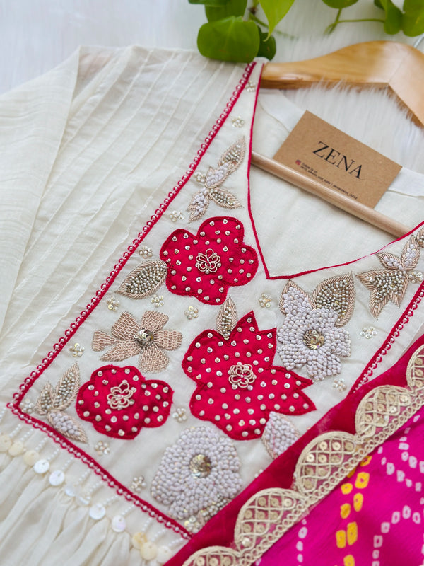 Premium Mul Chanderi Handwork Kurti Set with Bandhani Dupatta