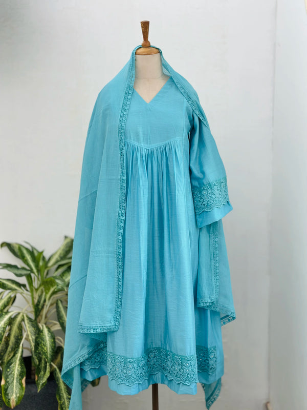 Premium Mul Chanderi Anarkali Kurti Set (Ocean Blue Charm)