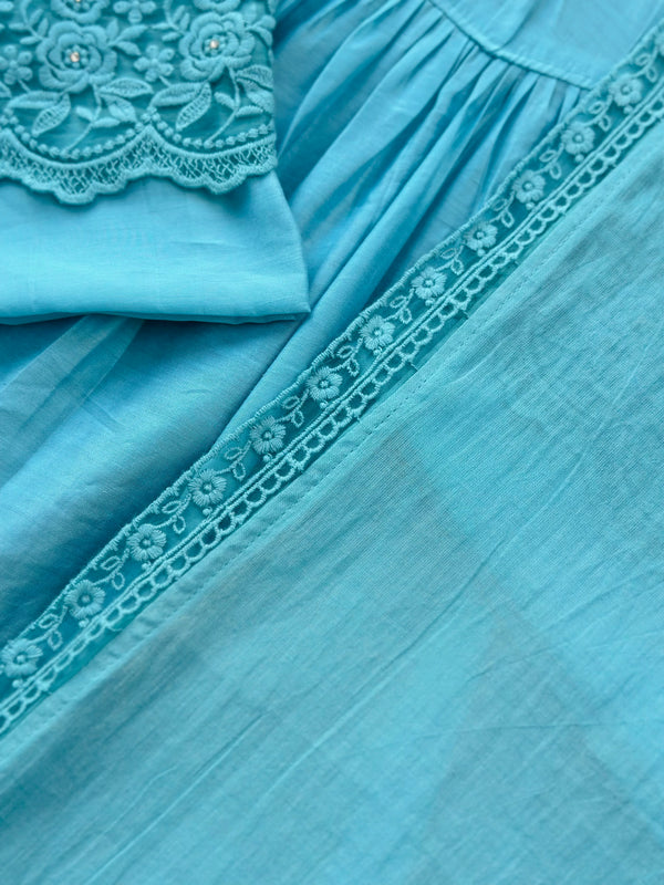 Premium Mul Chanderi Anarkali Kurti Set (Ocean Blue Charm)