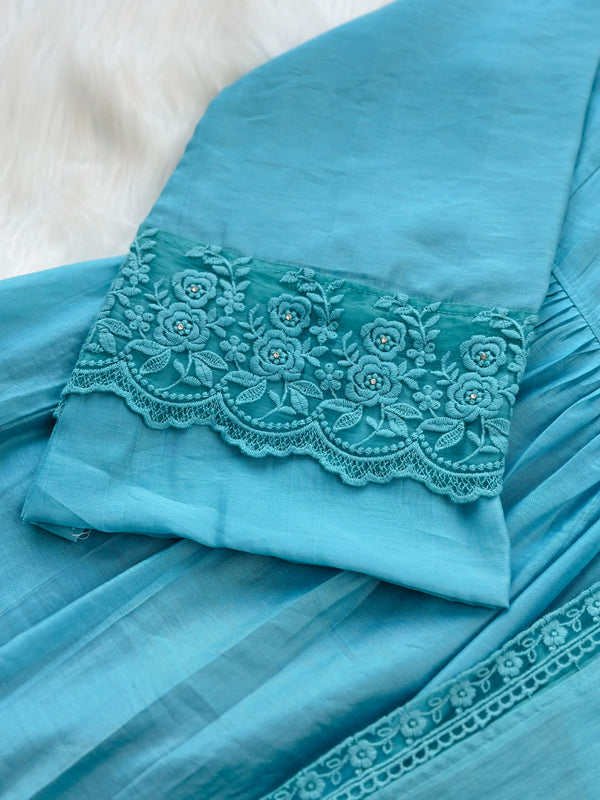 Premium Mul Chanderi Anarkali Kurti Set (Ocean Blue Charm)