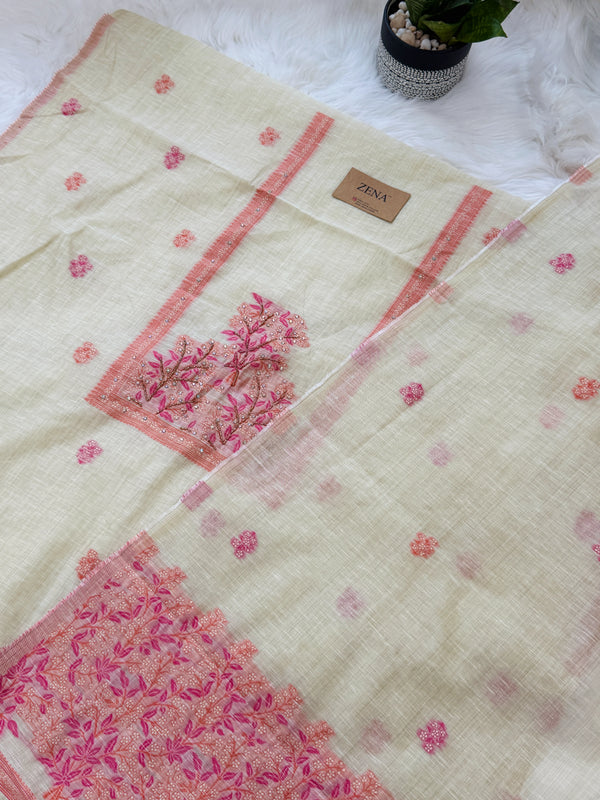 🌼✨ Onam Arrival | Linen Hand-Detailed Unstitched Suit ✨🌼
