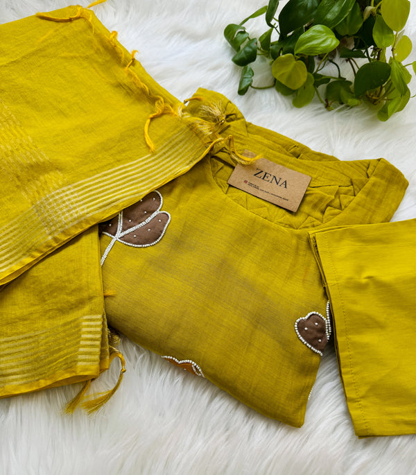 Premium Mul Chanderi Handcrafted A-Line Kurti Set