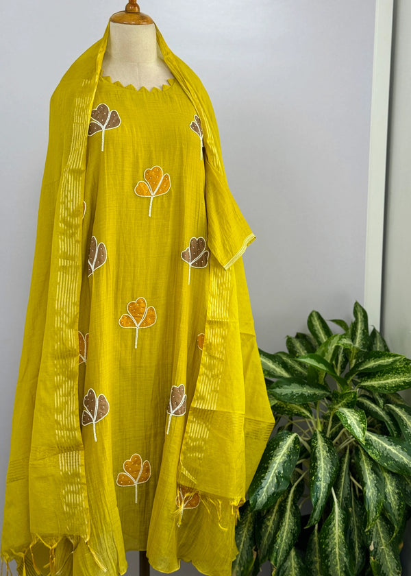 Premium Mul Chanderi Handcrafted A-Line Kurti Set