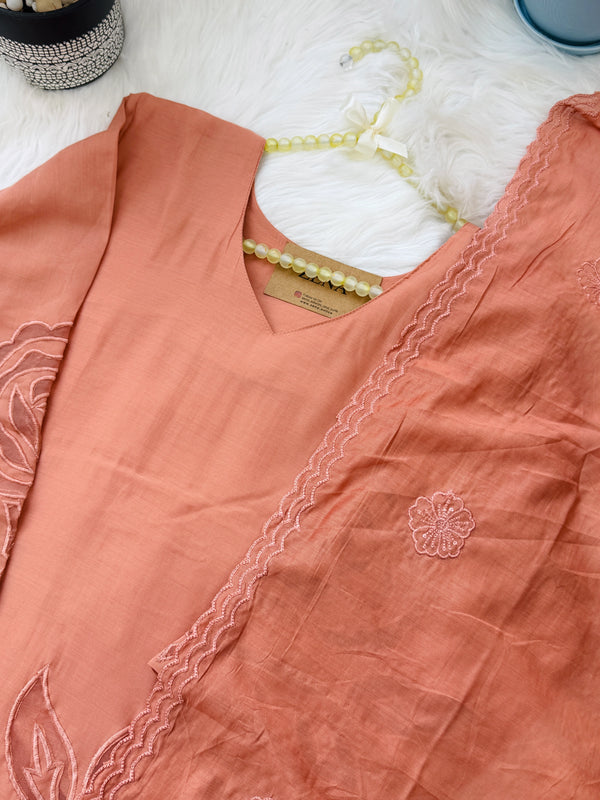 ✨ Glass Chanderi Embroidered A-Line Kurti Set ✨