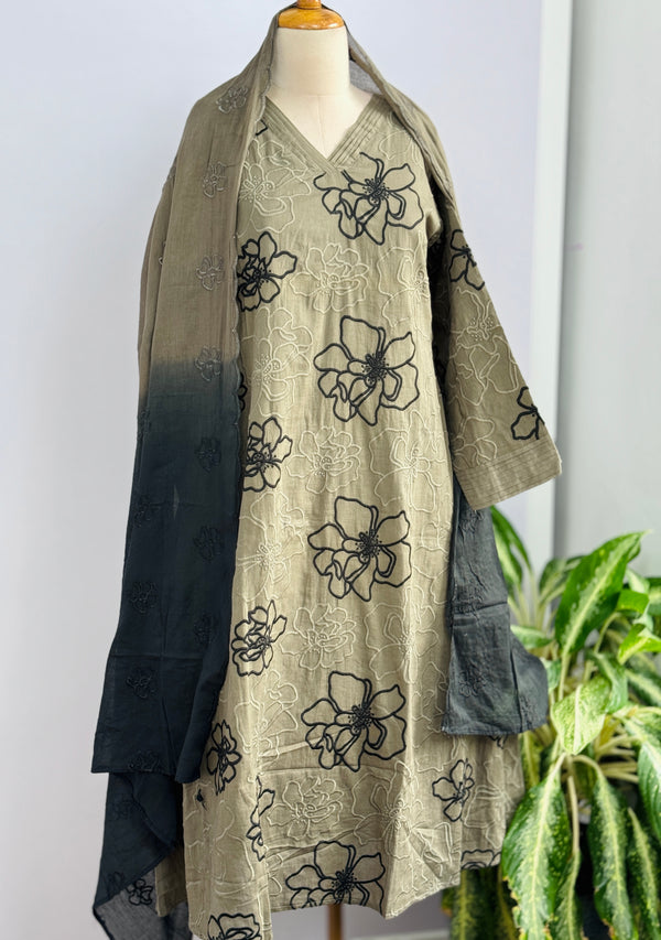 Pure Mul Cotton Embroidered Kurti Set