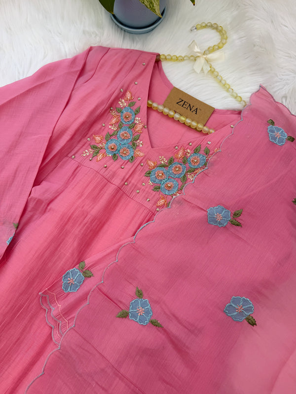 ✨ Mul Chanderi Floral Handwork Anarkali Set