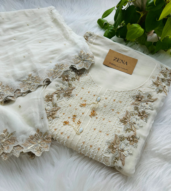 Hand Detailed Pure Chiffon Unstitched Partywear Suit