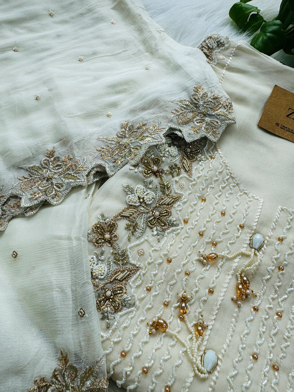 Hand Detailed Pure Chiffon Unstitched Partywear Suit