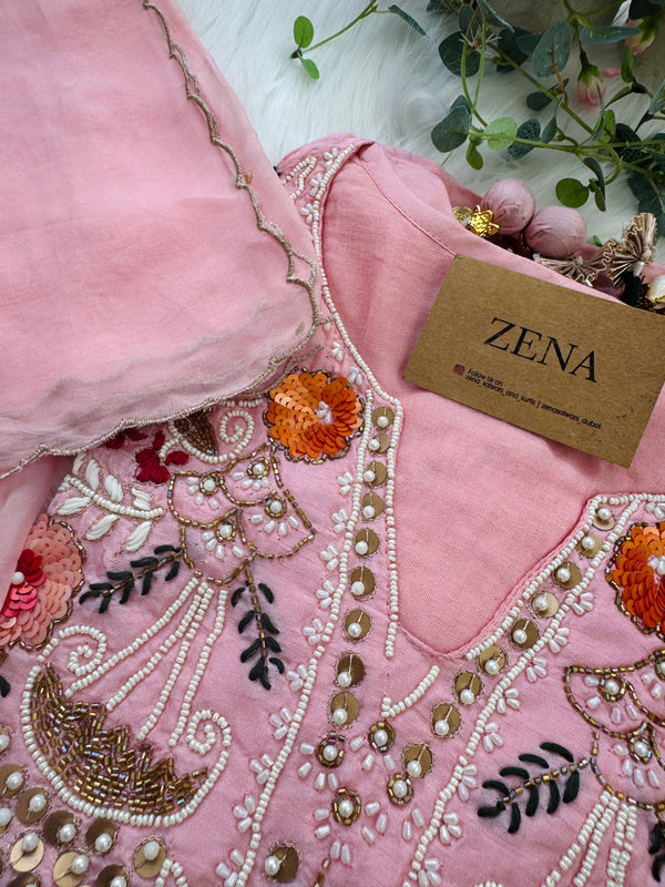 Dola Silk Handwork Kurti Set with Organza Dupatta