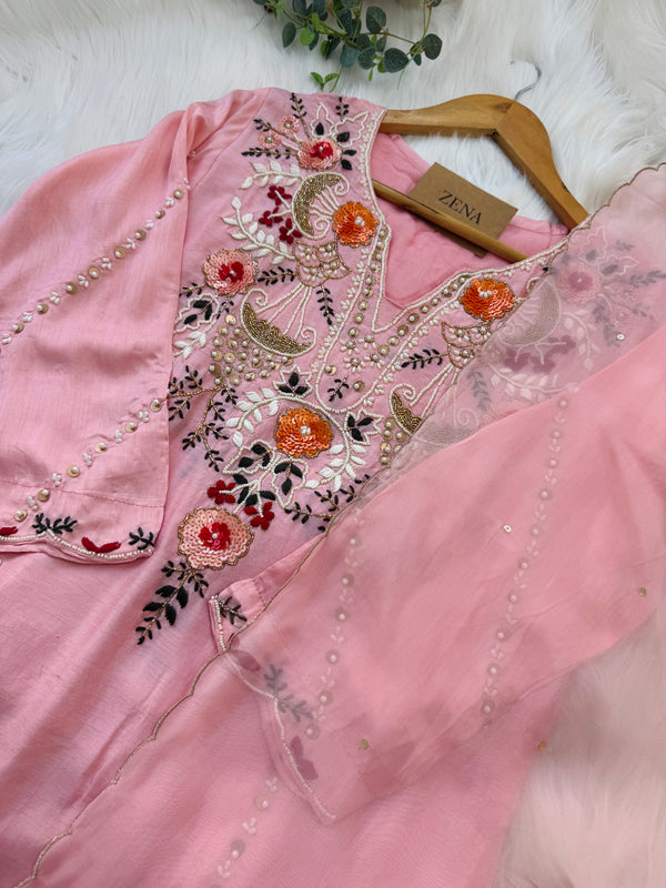 Dola Silk Handwork Kurti Set with Organza Dupatta