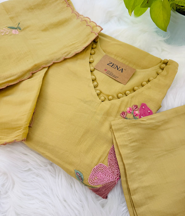 ✨ Pure Mul Chanderi Floral Embroidery Work Kurti Set