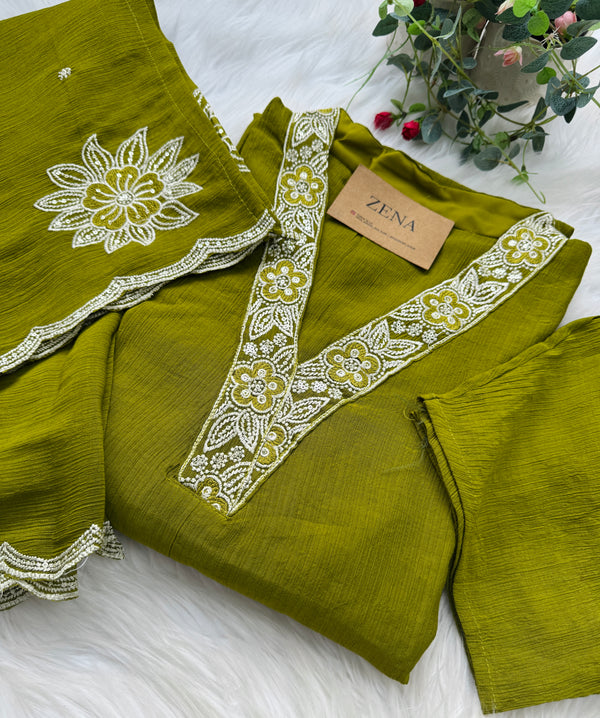 Pure Cotton Striped Embroidered Kurti Set