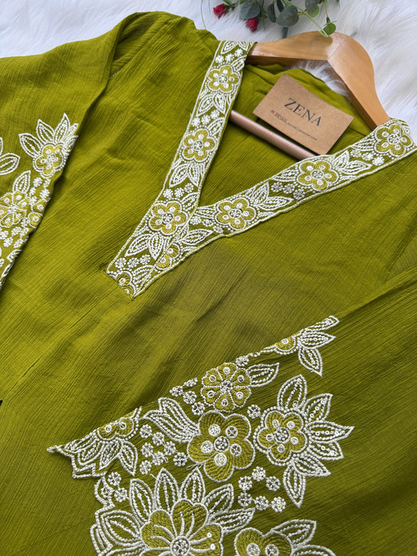 Pure Cotton Striped Embroidered Kurti Set