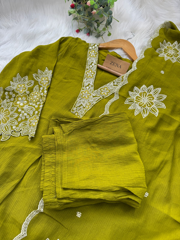 Pure Cotton Striped Embroidered Kurti Set