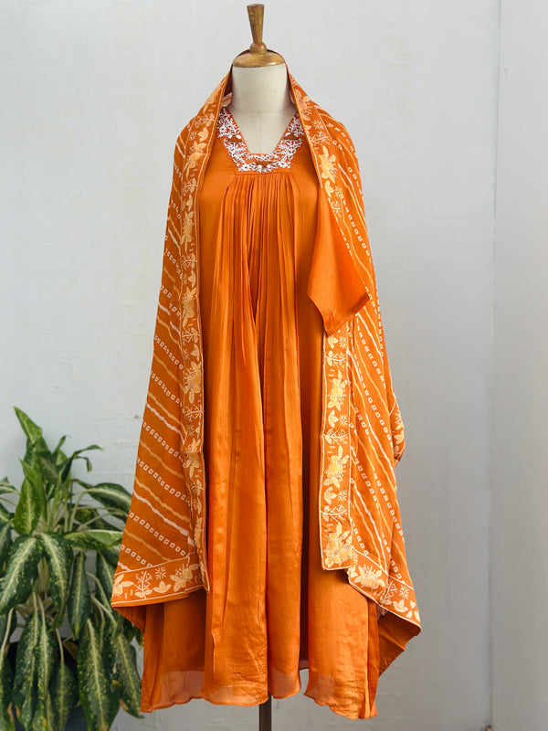 READY TO WEAR PURE CHINNON ANARKALI KURTI SET WITH HAND WORK