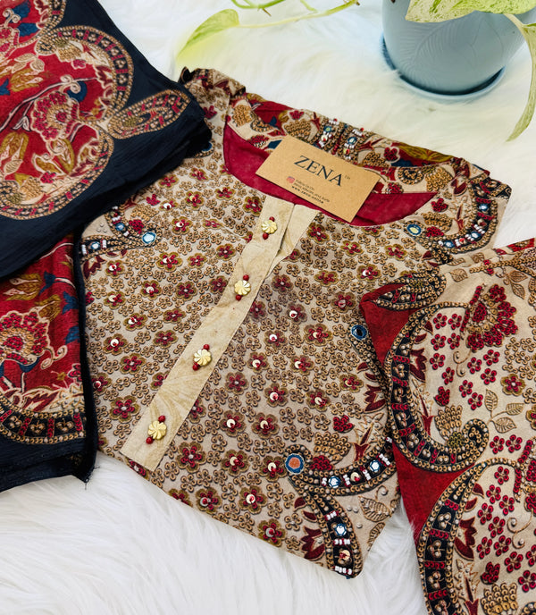 ✨ Pure Crepe Embroidered Mirror Work Kurti Set