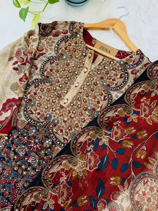 ✨ Pure Crepe Embroidered Mirror Work Kurti Set
