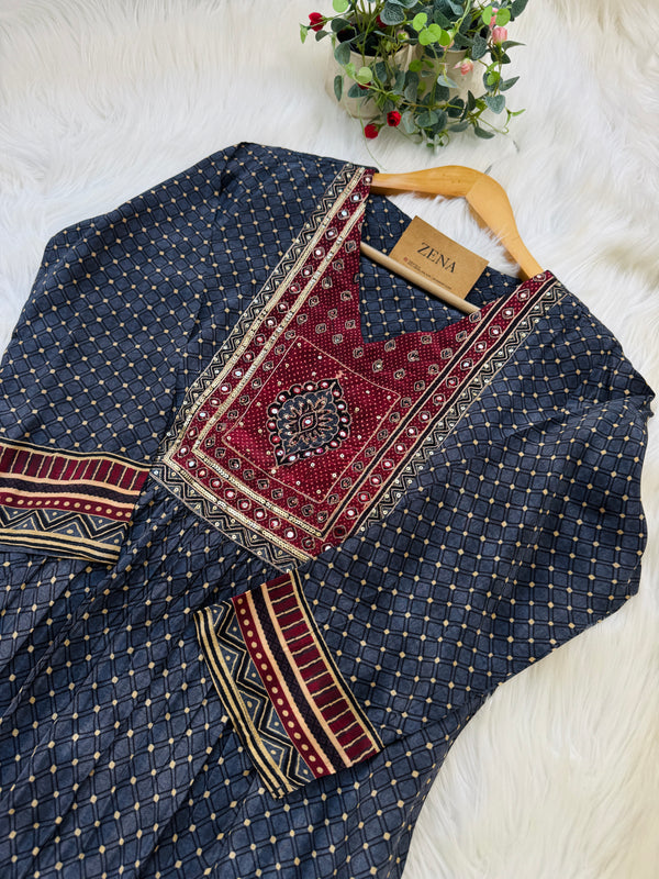 Pure Crepe Hand-Detailed Kurti Set