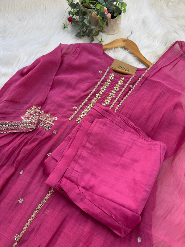 Premium Mul Chanderi Handwork Anarkali Set