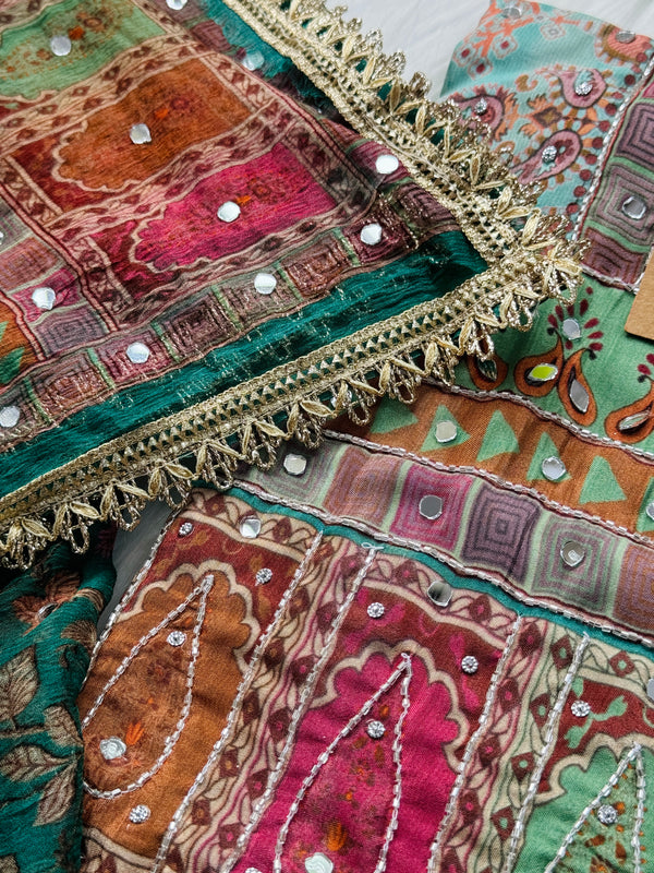 Unstitched Crêpe Mirror Work Partywear Suit – Elegant Festive Wear