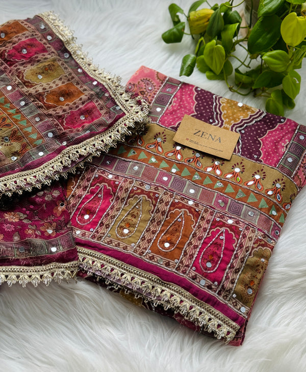 Unstitched Crêpe Mirror Work Partywear Suit – Elegant Festive Wear