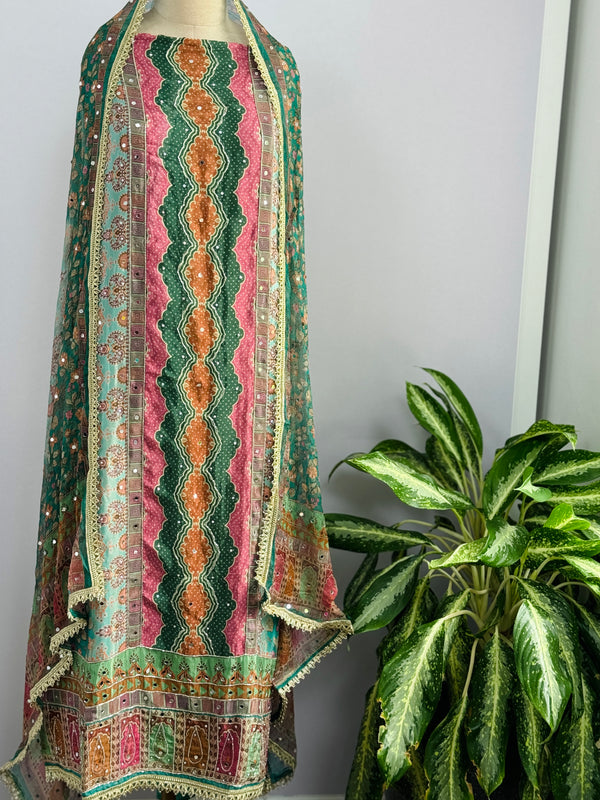 Unstitched Crêpe Mirror Work Partywear Suit – Elegant Festive Wear