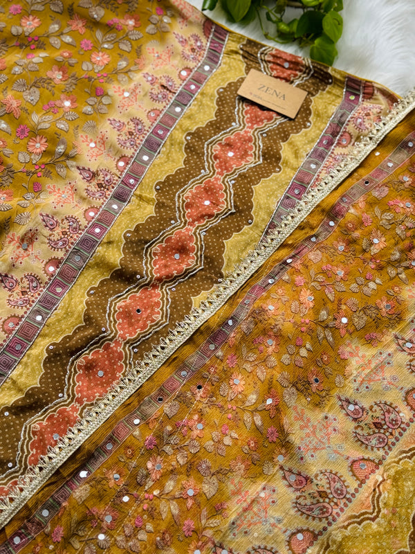 Unstitched Crêpe Mirror Work Partywear Suit – Elegant Festive Wear