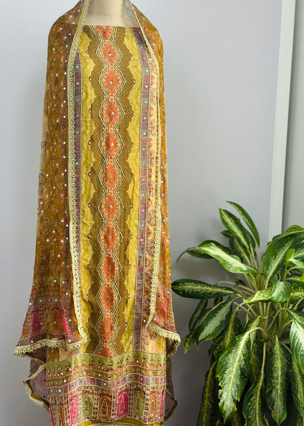 Unstitched Crêpe Mirror Work Partywear Suit – Elegant Festive Wear