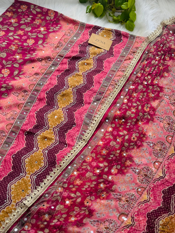 Unstitched Crêpe Mirror Work Partywear Suit – Elegant Festive Wear