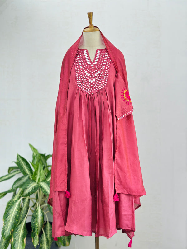 Mul chanderi anarkali mirror work kurti set