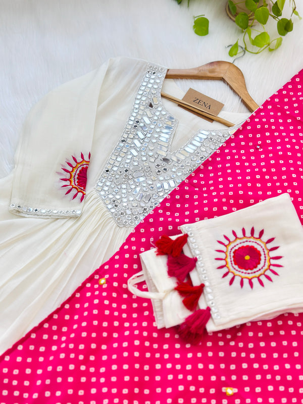 Mul chanderi anarkali mirror work kurti set
