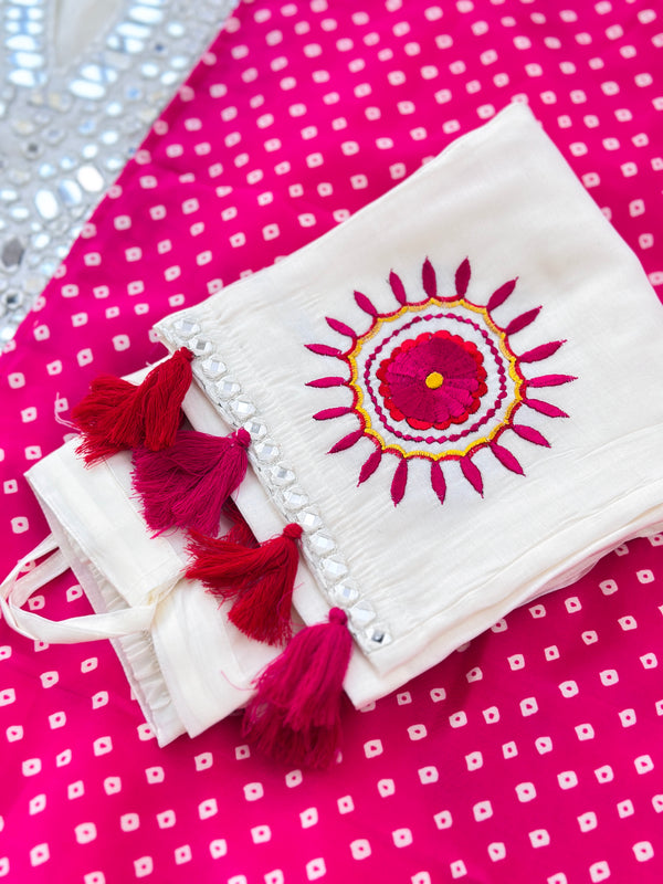 Mul chanderi anarkali mirror work kurti set